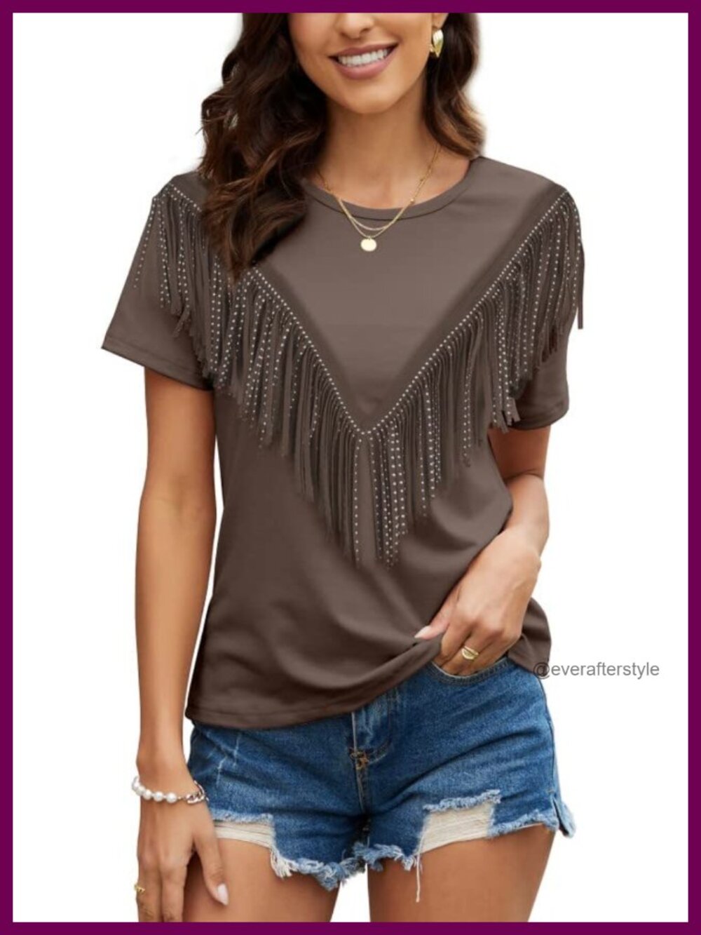 Fringe Trim Short Sleeve Blouse Tassel Trim Tee Casual Summer Top